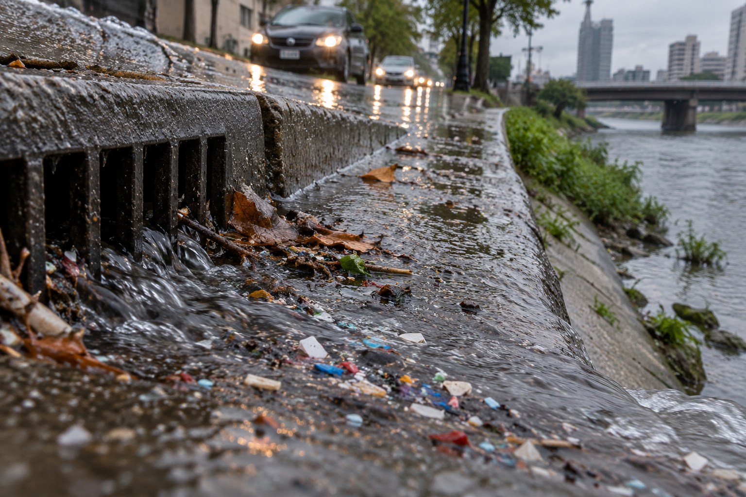 Escorrentía urbana que transporta partículas hacia un sumidero
