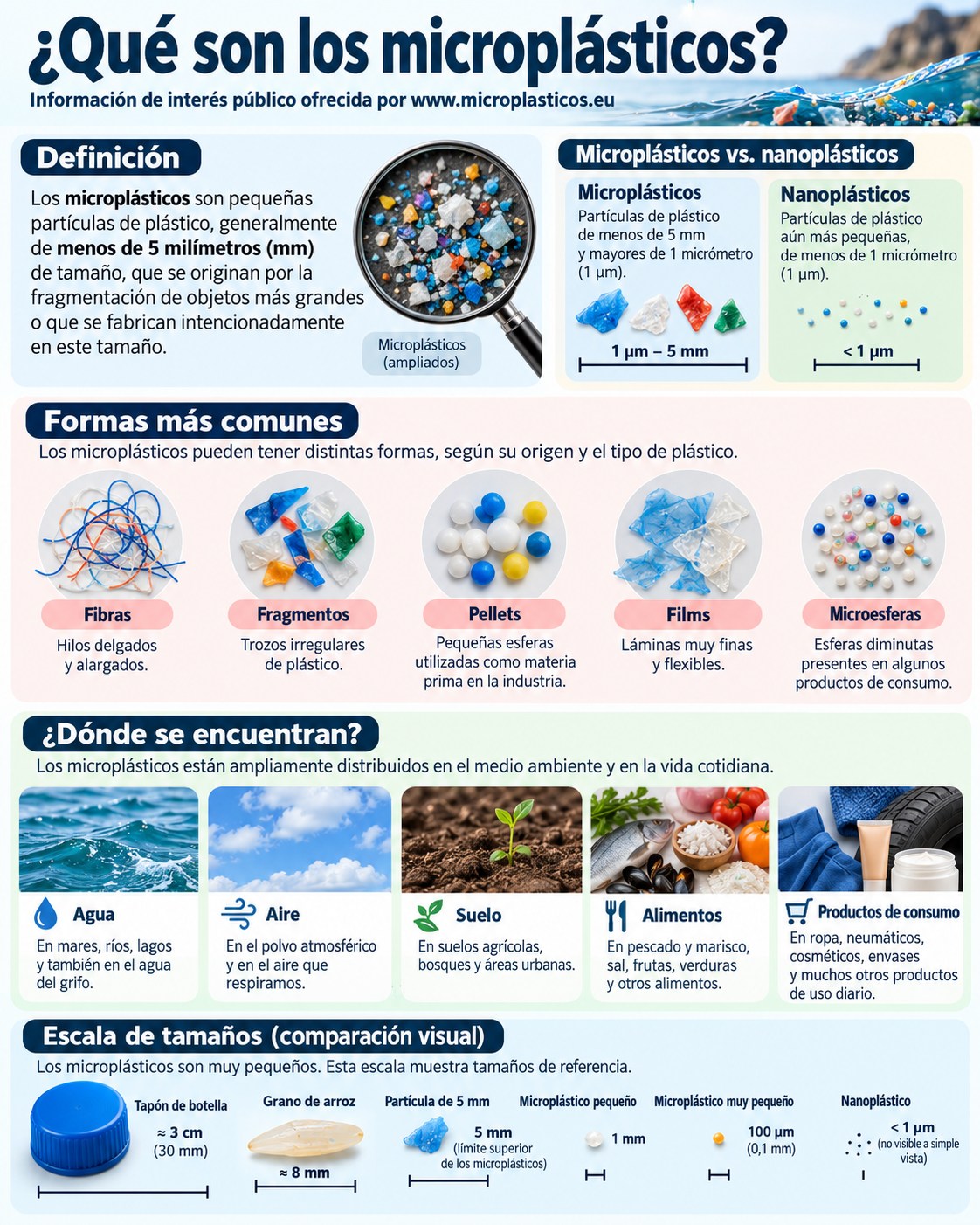 Infografía: qué son los microplásticos, tamaños, formas y presencia ambiental