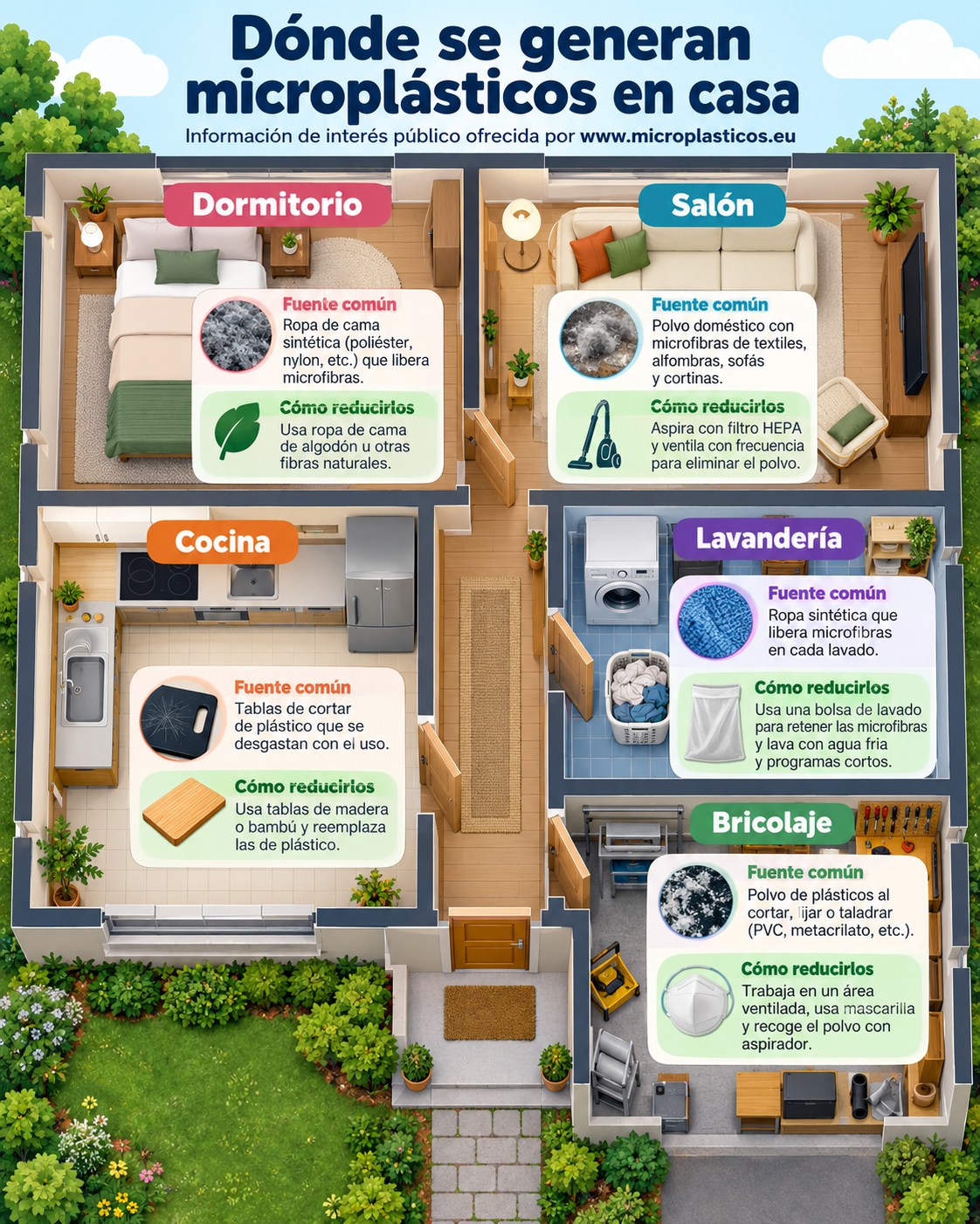 Infografía sobre Microplásticos en casa: dónde se generan y cómo podemos reducirlos